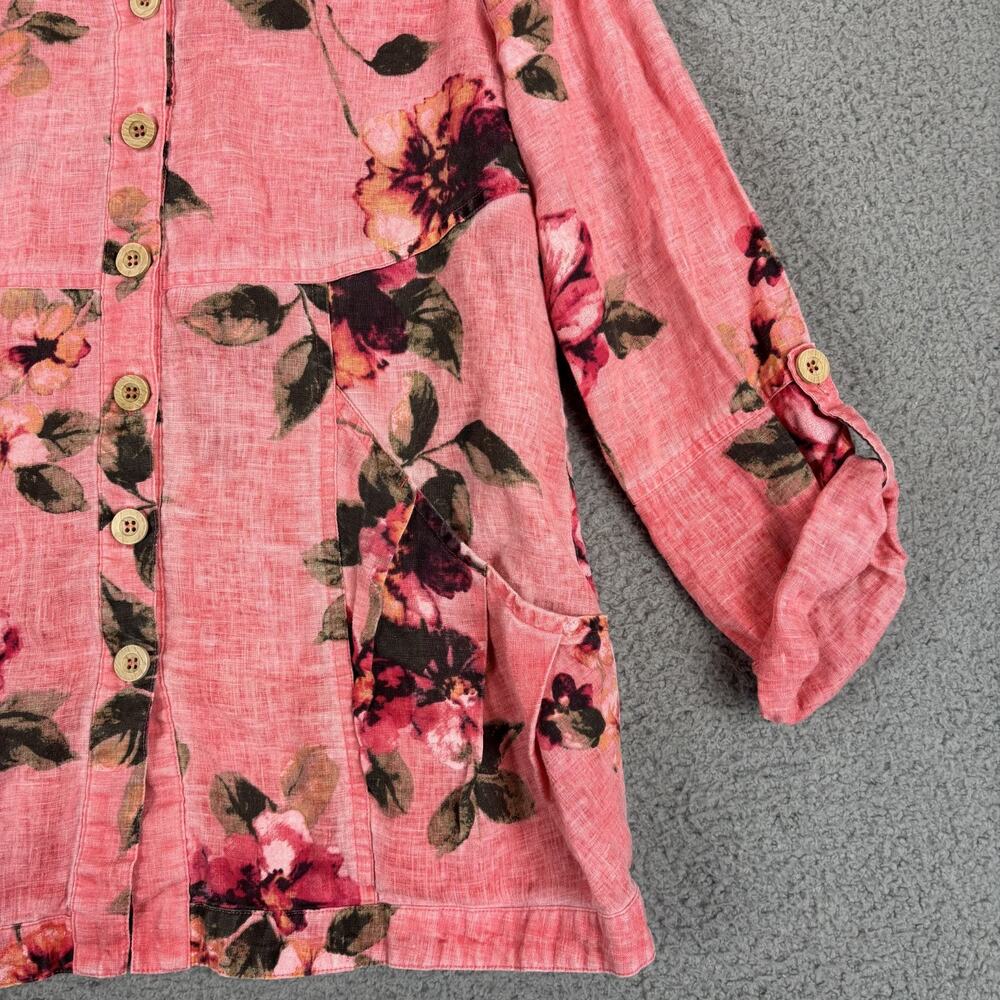 John Mark Linen Tunic Small Floral Lagenlook Cottage Roll Tab Pockets Natural - Picture 4 of 11